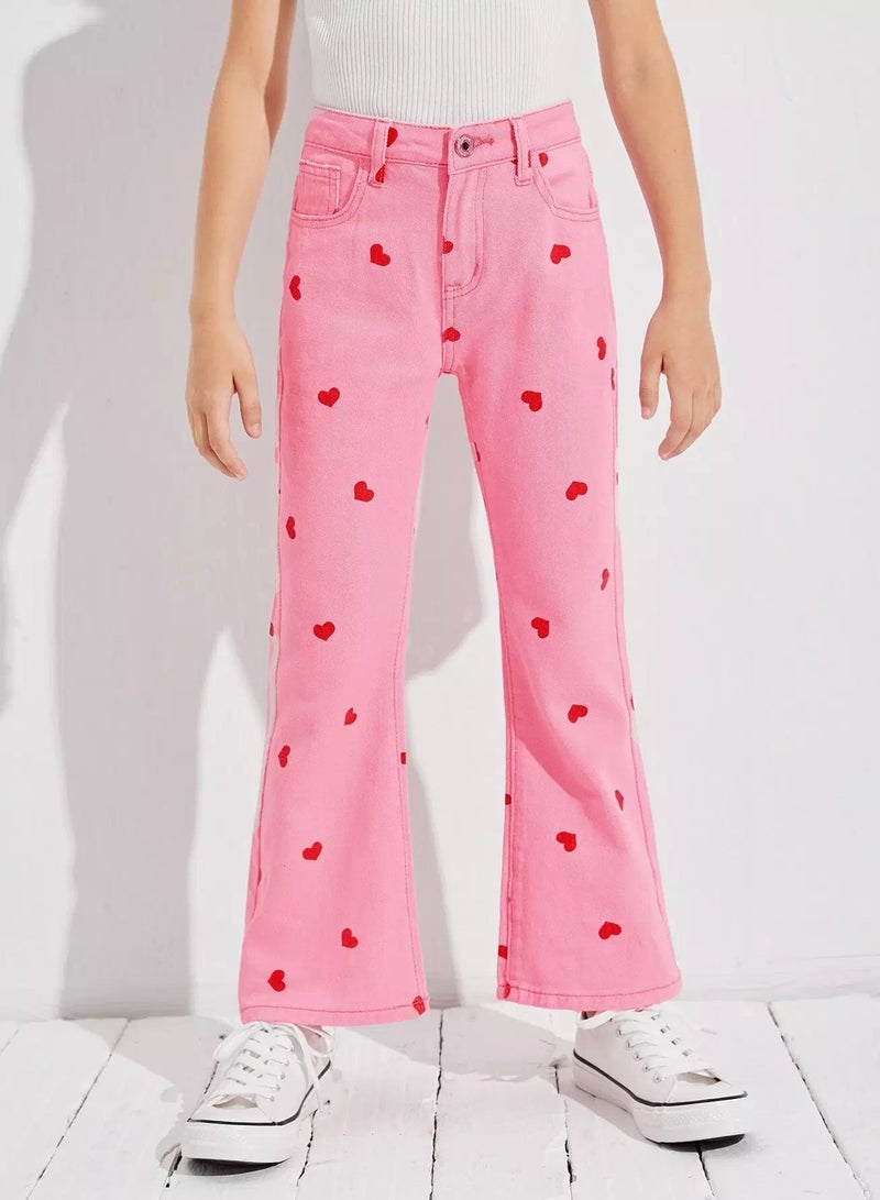 Girls Heart Print Zipper Fly Flare Leg Jeans  - Image 3