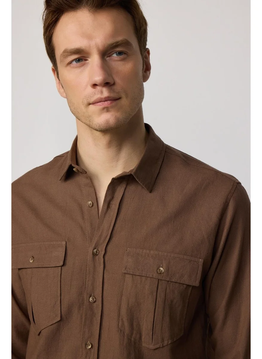 Tudors Classic Fit Double Pocket Cotton Linen Brown Men's Shirt