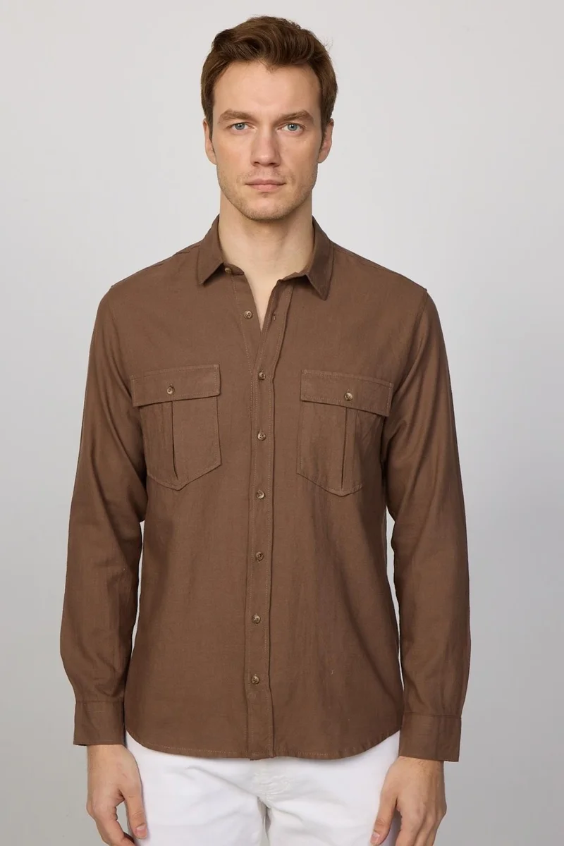 Tudors Classic Fit Double Pocket Cotton Linen Brown Men's Shirt