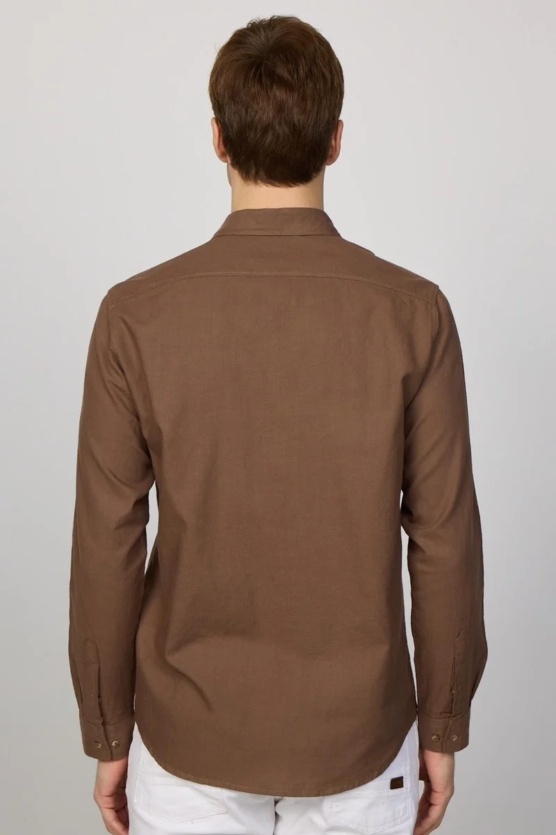 Tudors Classic Fit Double Pocket Cotton Linen Brown Men's Shirt