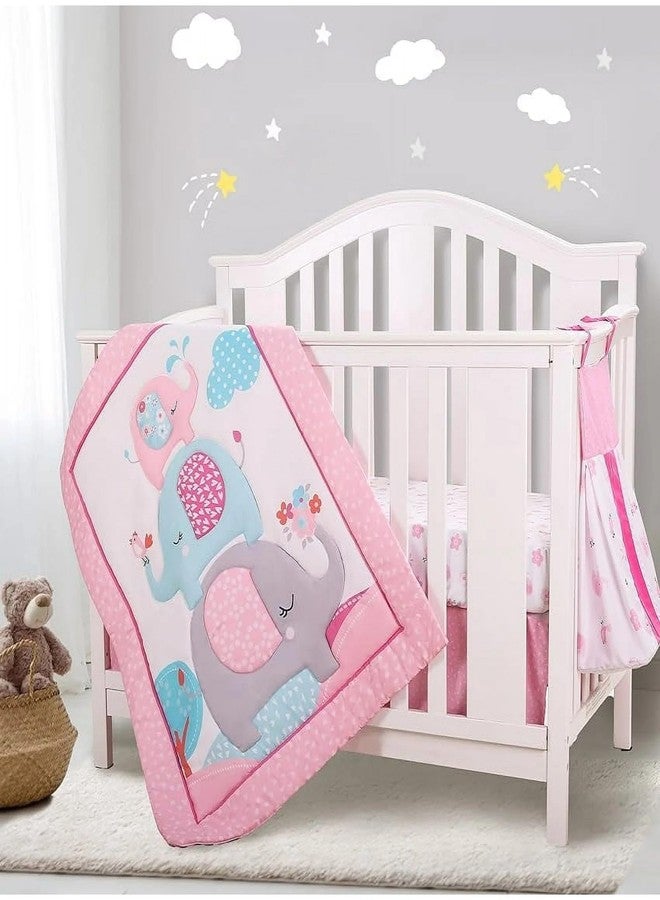 Sweet baba Elephant Crib Bedding Set for Girls, 4 Pieces Nursery Set Including Quilt/Fitted Sheet/Crib Skirt/Diaper Bag - Image 1