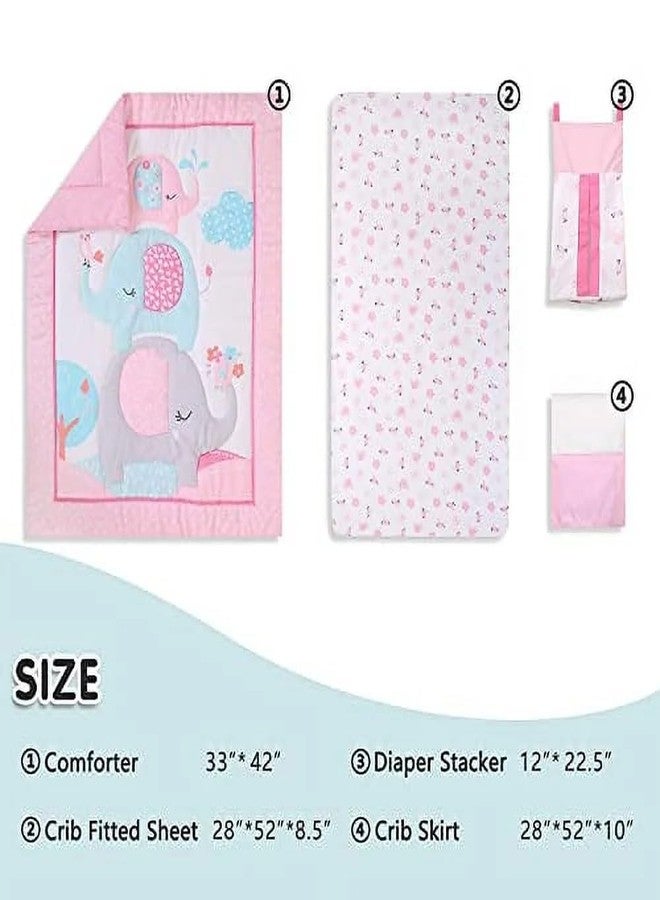 Sweet baba Elephant Crib Bedding Set for Girls, 4 Pieces Nursery Set Including Quilt/Fitted Sheet/Crib Skirt/Diaper Bag - Image 2