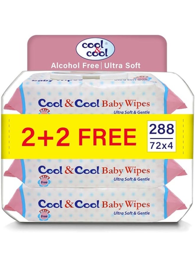 Cool & Cool Baby Wipes, Alcohol-Free, Ultra Soft, 72 Wipes (Pack of 4, 288 Total)