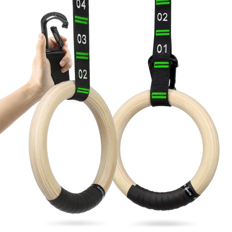 BOFFLE Wooden Gymnastic Rings with Adjustable Number Straps, Crossfit Rings for Gym, Workout, Exercise, Outdoor Training, Quick Install Carabiner, 8.5 ft Straps Pull Up Non-Slip Rings - Image 1