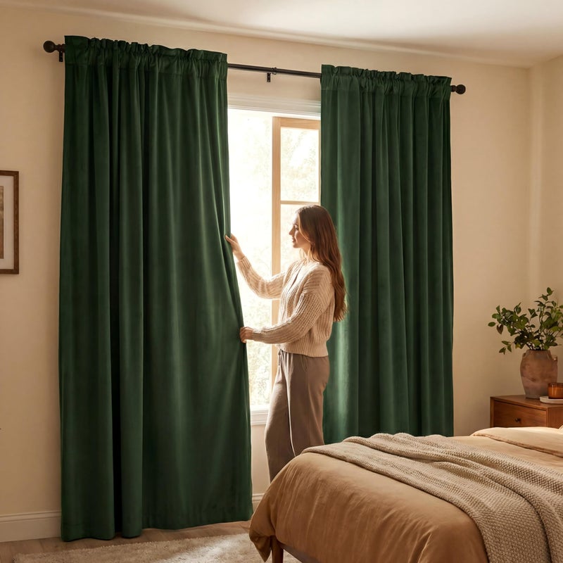 CUCRAF Dark Olive Green Velvet Blackout Curtains for Bedroom Living Room 84 inches Long, Forest Green Curtains Noise Reducing Rod Pocket(52x84 inches, 2 Panels) - Image 1