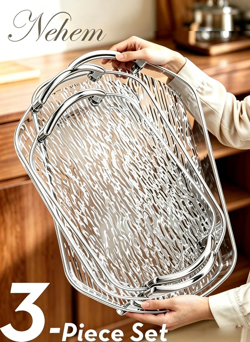 nehem 3 PCS Clear Serving Tray, With Polished Metal Handles, Wavy Pattern, Spill-Proof, Decorative for Coffee Table & Tea  Storage - Image 1