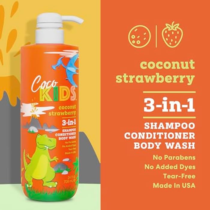 Cocomagic Cocokids 3-in-1 Kids Shampoo + Conditioner + Body Wash | Gentle, Hair & Body Cleanser Tear-Free | No Parabens, For All Skin Types, Made in USA – Coconut Strawberry, 24 Fl Oz - Image 4