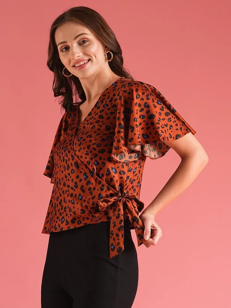 globus Globus Women Animal Print V-Neck Flared Sleeve Wrap Top