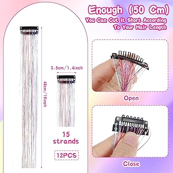 Telooco Hair Tinsel 12Pcs Tinsel Hair Extensions 20 Inch Clip in Glitter Hair Extension Colorful Hair Tinsel Hair Glitter Strands Tinsel Kit Hair Accessories for Women Girls Cosplay Halloween Party Festival - Image 2
