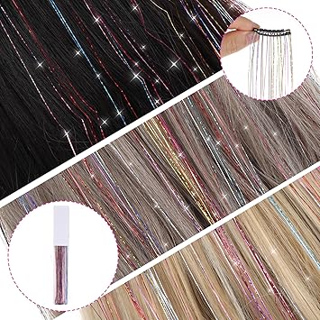 Telooco Hair Tinsel 12Pcs Tinsel Hair Extensions 20 Inch Clip in Glitter Hair Extension Colorful Hair Tinsel Hair Glitter Strands Tinsel Kit Hair Accessories for Women Girls Cosplay Halloween Party Festival - Image 4