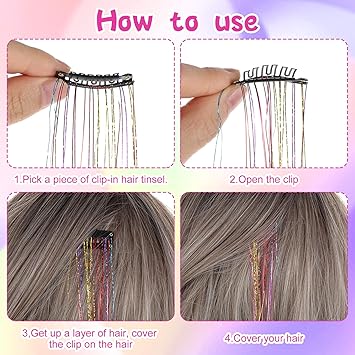 Telooco Hair Tinsel 12Pcs Tinsel Hair Extensions 20 Inch Clip in Glitter Hair Extension Colorful Hair Tinsel Hair Glitter Strands Tinsel Kit Hair Accessories for Women Girls Cosplay Halloween Party Festival - Image 3