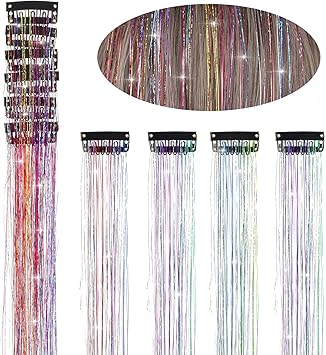 Telooco Hair Tinsel 12Pcs Tinsel Hair Extensions 20 Inch Clip in Glitter Hair Extension Colorful Hair Tinsel Hair Glitter Strands Tinsel Kit Hair Accessories for Women Girls Cosplay Halloween Party Festival - Image 1