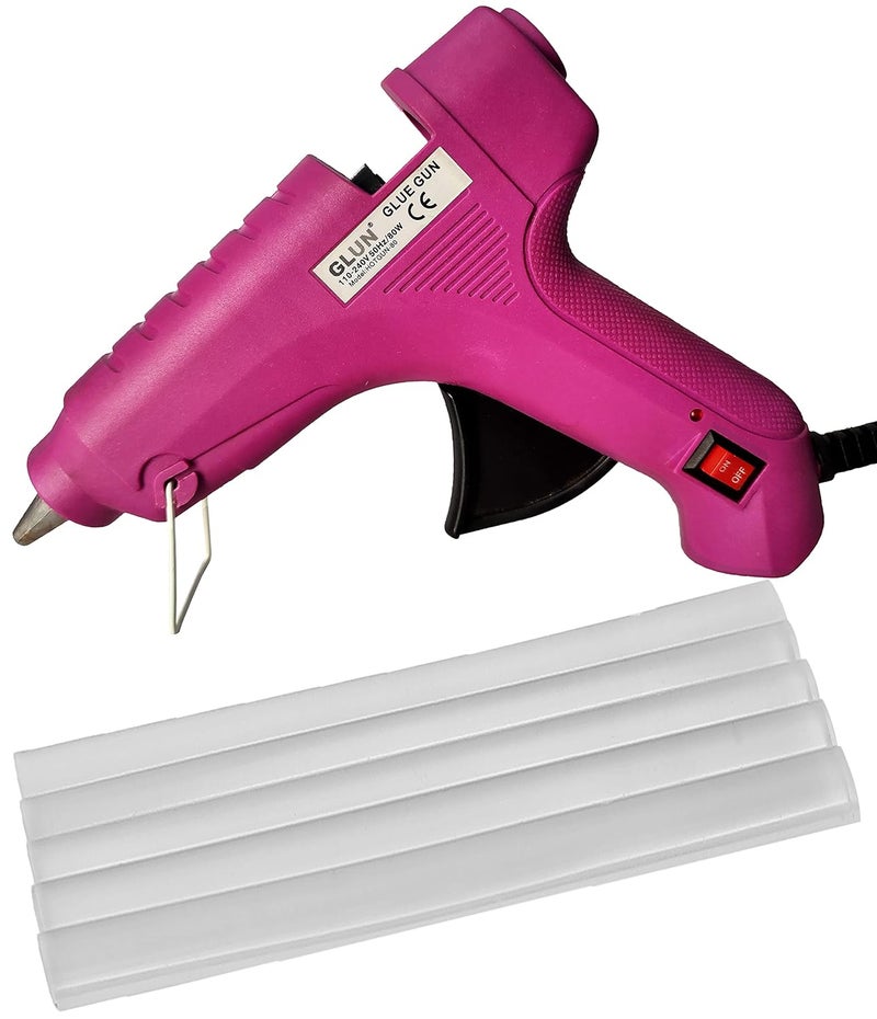 GLUN® مسدس غراء مع عصي غراء 11 مم 6 بوصة، 5 عصي غراء شفافة لمتخصصي الحرف وأعمال DIY (80 واط بنفسجي) - Image 1