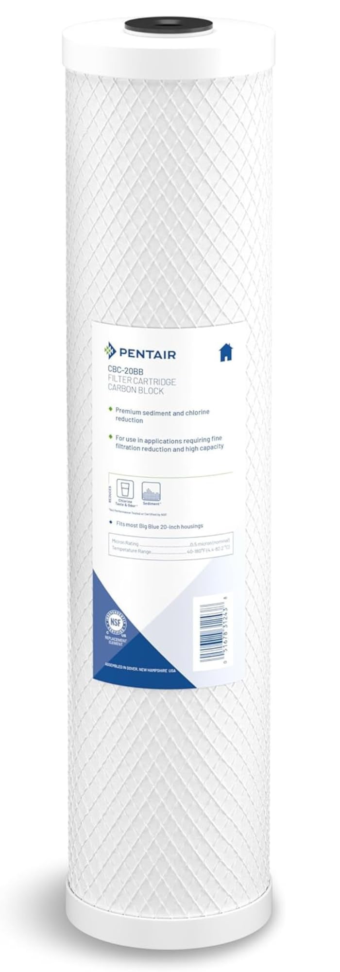Pentek Pentair Pentek CBC-20BB Big Blue Carbon Water Filter, 20-Inch, Whole House Carbon Block Replacement Cartridge with Bonded Powdered Activated Carbon (PAC) Filter, 20" x 4.5", 0.5 Micron - Image 1