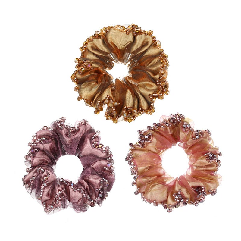 Cottvott 3/pack Chiffon Hair Rope Yarn Beads Hair Ties Women Hair Accessories Scrunchies (brown-purple-champagne)