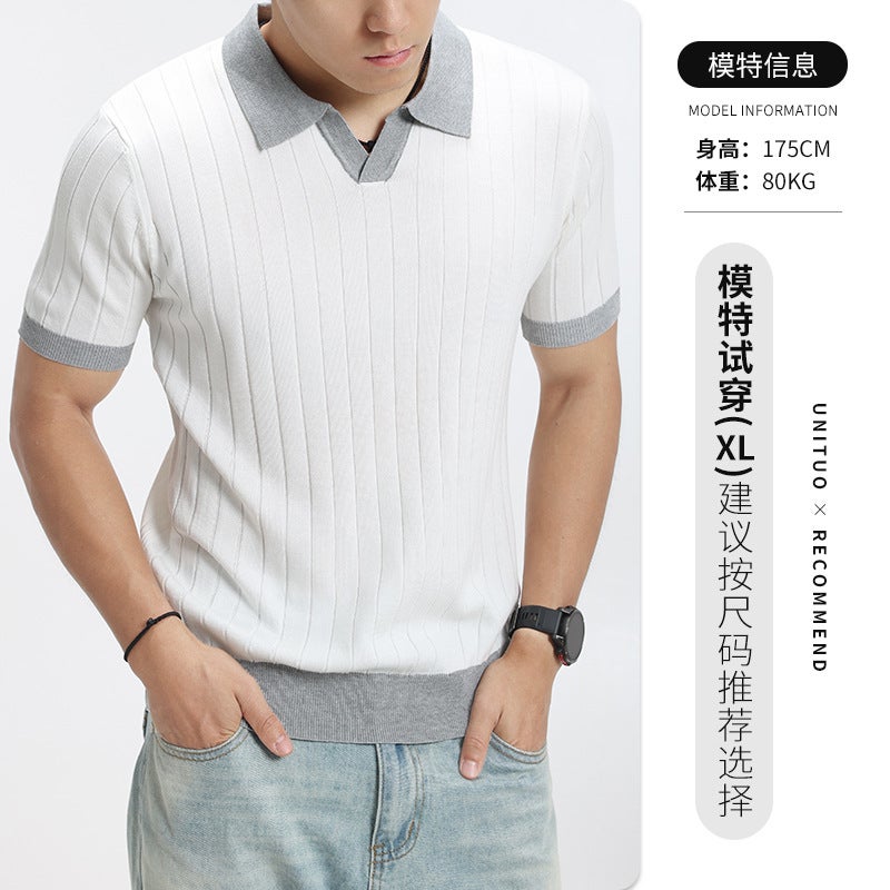 Men's Knitted Polo Shirt Short Sleeve V-Neck Turn-Down Collar Business Casual Top - Image 2