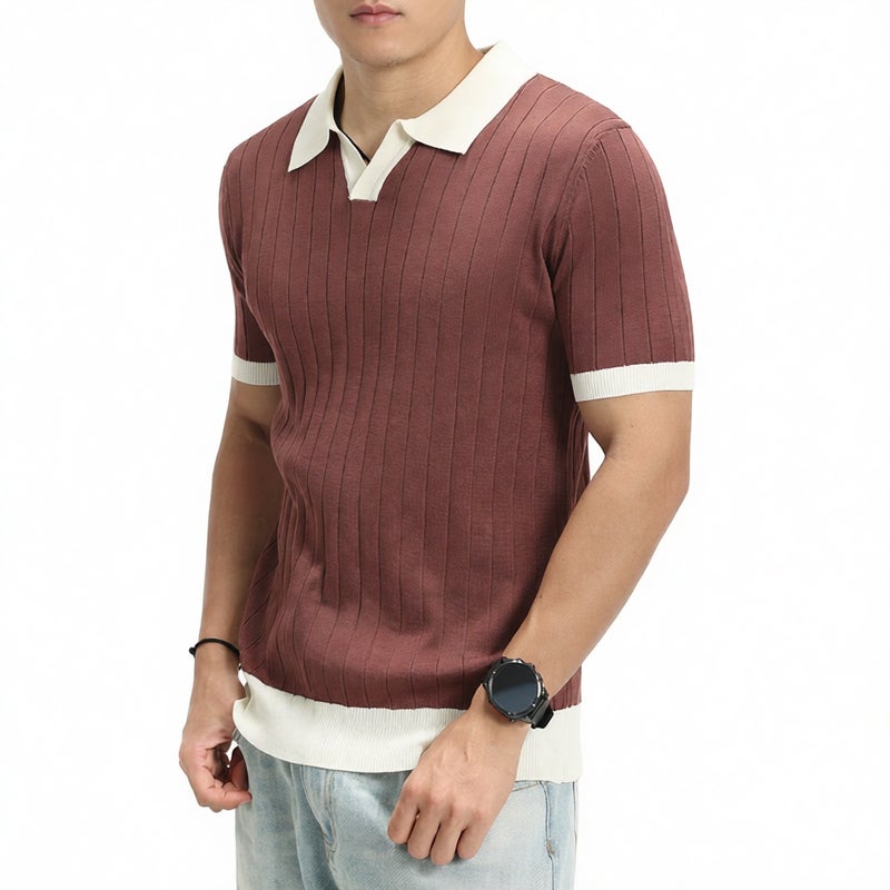 Men's Knitted Polo Shirt Short Sleeve V-Neck Turn-Down Collar Business Casual Top - Image 1