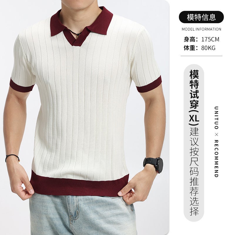 Men's Knitted Polo Shirt Short Sleeve V-Neck Turn-Down Collar Business Casual Top - Image 3