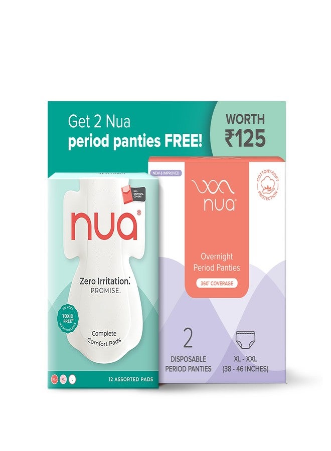 Nua Complete Comfort Sanitary Pads Combo | 12 Pads for Day (3XL+, 5XL, 4L) + Free High-Absorbency Period Panties (XL-XXL) | Zero Irritation | 4x Comfort Ultra-Thin & Breathable | 100% Toxin-Free | Disposal Covers Included - Image 1