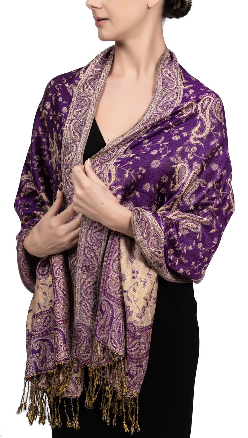 Achillea Soft Silky Reversible Paisley Pashmina Shawl Wrap Scarf w/Fringes (Purple) - Image 1