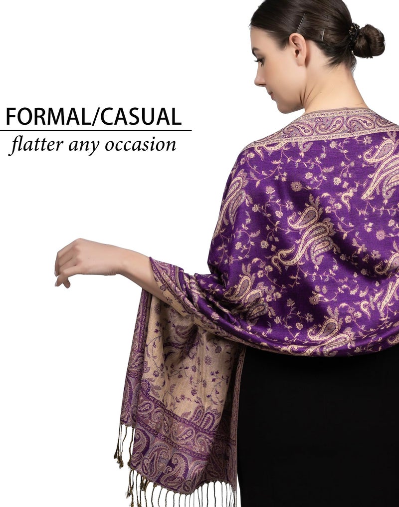 Achillea Soft Silky Reversible Paisley Pashmina Shawl Wrap Scarf w/Fringes (Purple) - Image 5