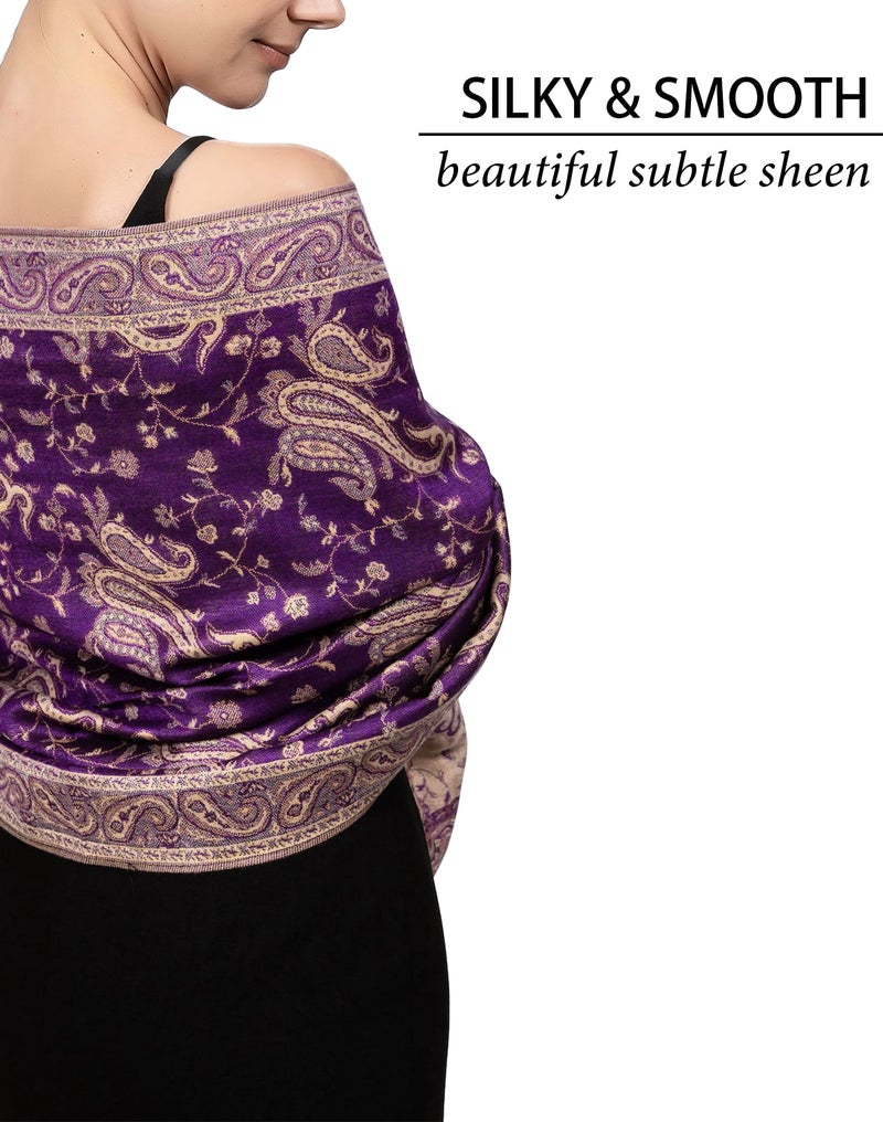 Achillea Soft Silky Reversible Paisley Pashmina Shawl Wrap Scarf w/Fringes (Purple) - Image 2