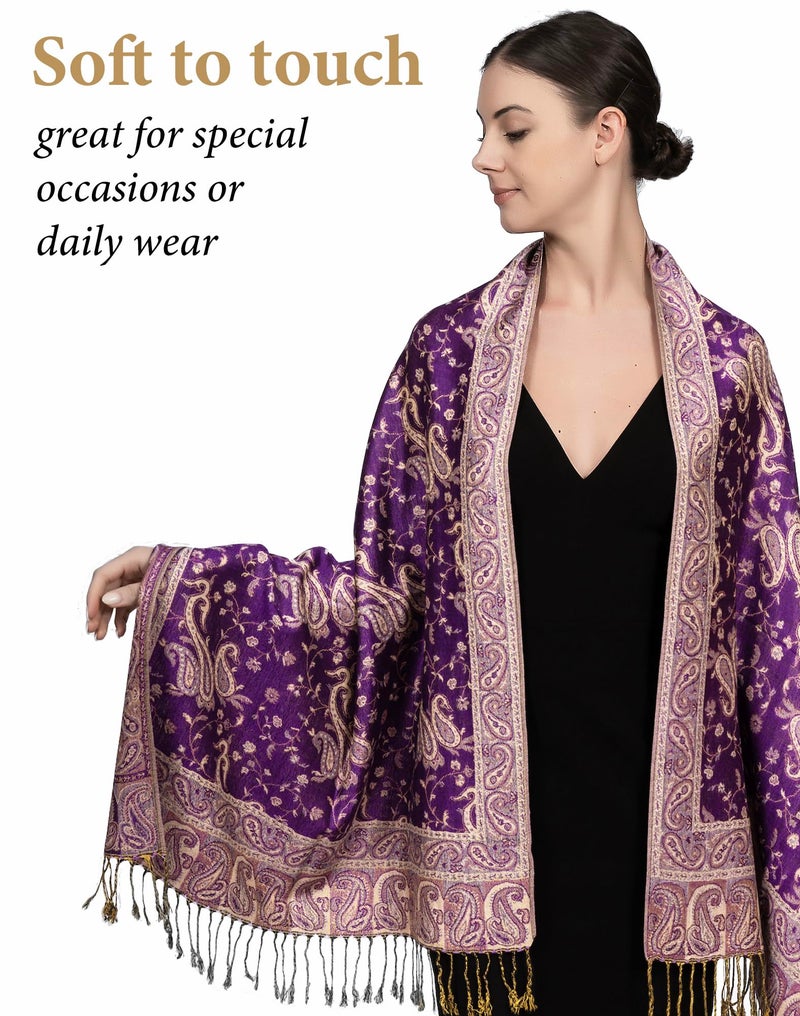 Achillea Soft Silky Reversible Paisley Pashmina Shawl Wrap Scarf w/Fringes (Purple) - Image 3
