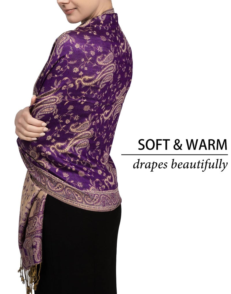 Achillea Soft Silky Reversible Paisley Pashmina Shawl Wrap Scarf w/Fringes (Purple) - Image 4
