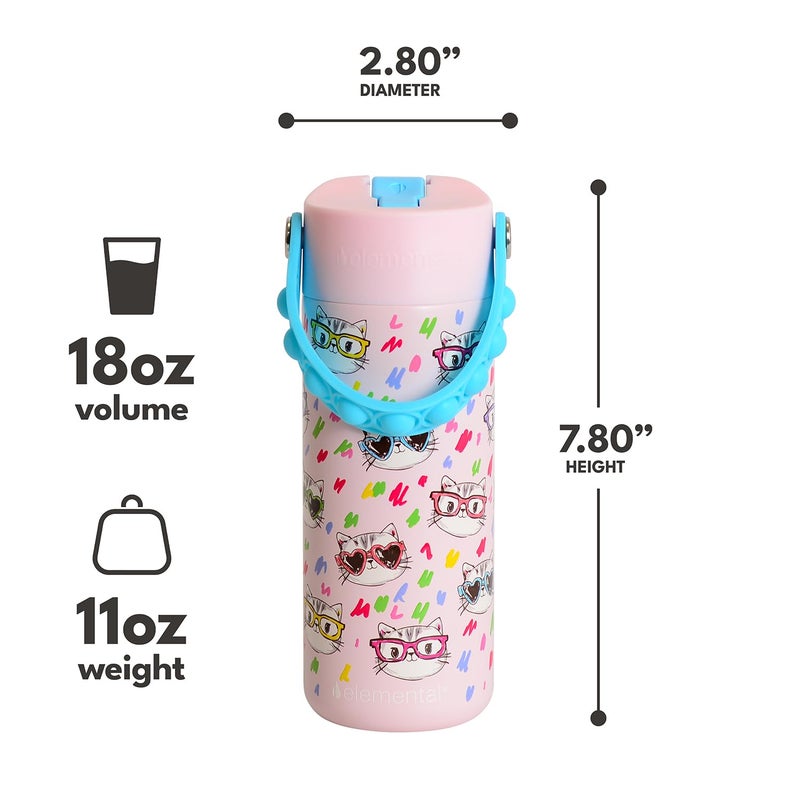 Elemental Insulated Kids Water Bottle, Stainless Steel Water Bottle with Straw Lid & Pop-It Handle, Leak-Proof Water Bottles for School, Boys or Girls, Travelling and Sports, 18oz - Stylish Cat - Image 2
