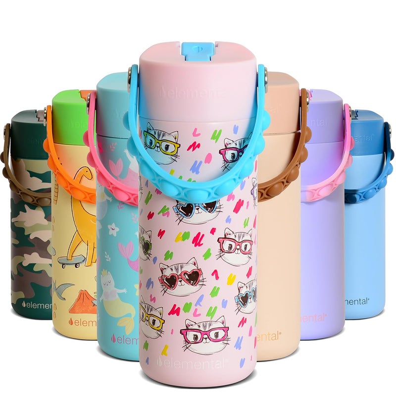 Elemental Insulated Kids Water Bottle, Stainless Steel Water Bottle with Straw Lid & Pop-It Handle, Leak-Proof Water Bottles for School, Boys or Girls, Travelling and Sports, 18oz - Stylish Cat - Image 1