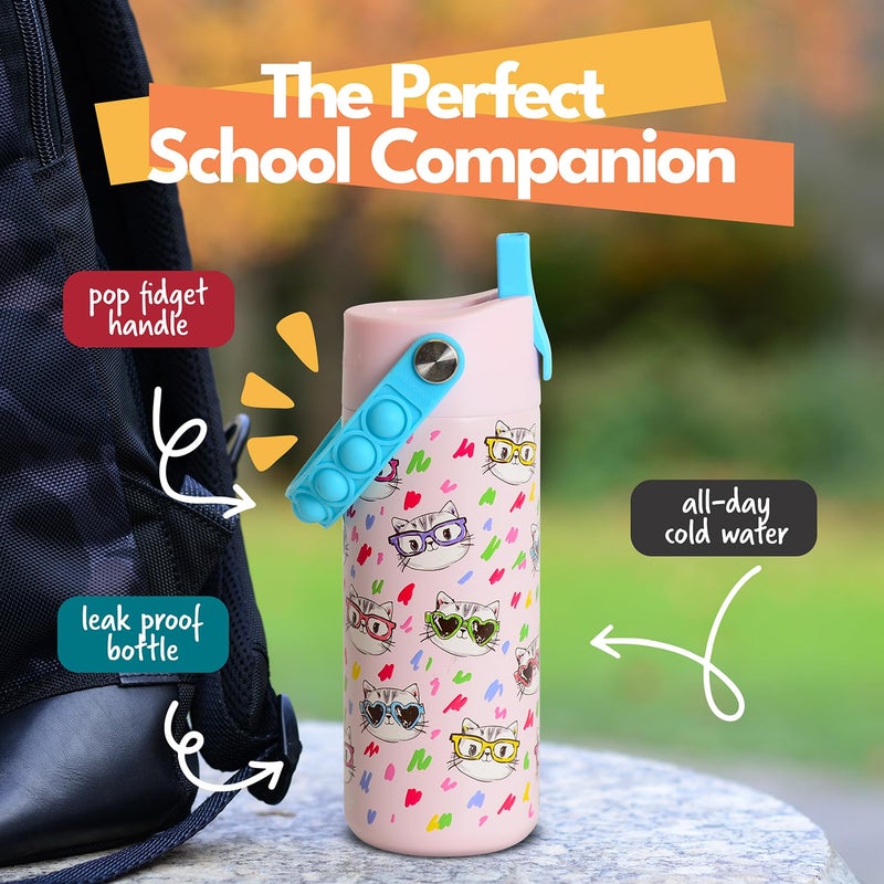 Elemental Insulated Kids Water Bottle, Stainless Steel Water Bottle with Straw Lid & Pop-It Handle, Leak-Proof Water Bottles for School, Boys or Girls, Travelling and Sports, 18oz - Stylish Cat - Image 4