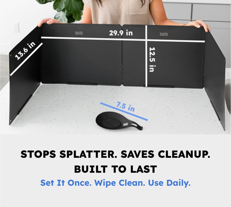 Baetle Large 3-Sided Grease Splatter Guard for Stove Top by Baetleâ€“ Foldable Heavy-Duty Stainless Steel Oil Splash Shield with Spoon Rest â€“ Black Nonstick Stove Guard, 29.5" Wide Back Panel, 13.6" Deep - Image 3