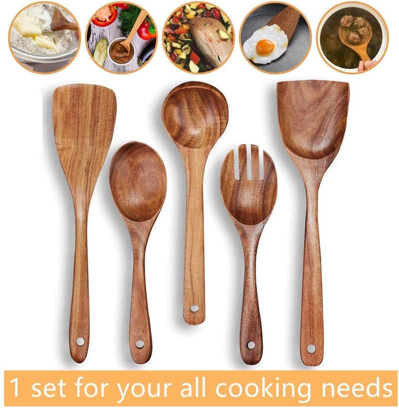 Craftland Handmade Wooden Serving and Cooking Spoon Kitchen Non Stick Utensil Set (5) - Image 2