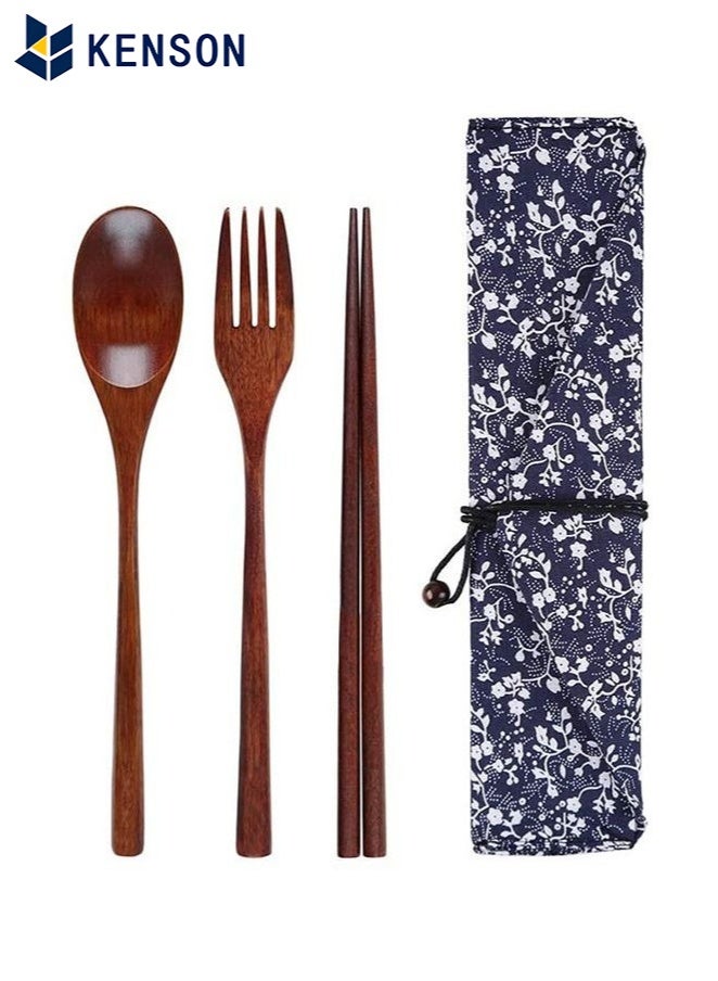 كِينْسُون ملعقة شوكة خشبية من ثلاث قطع، أدوات مائدة محمولة للسفر، أواني طعام لطيفة - Image 1