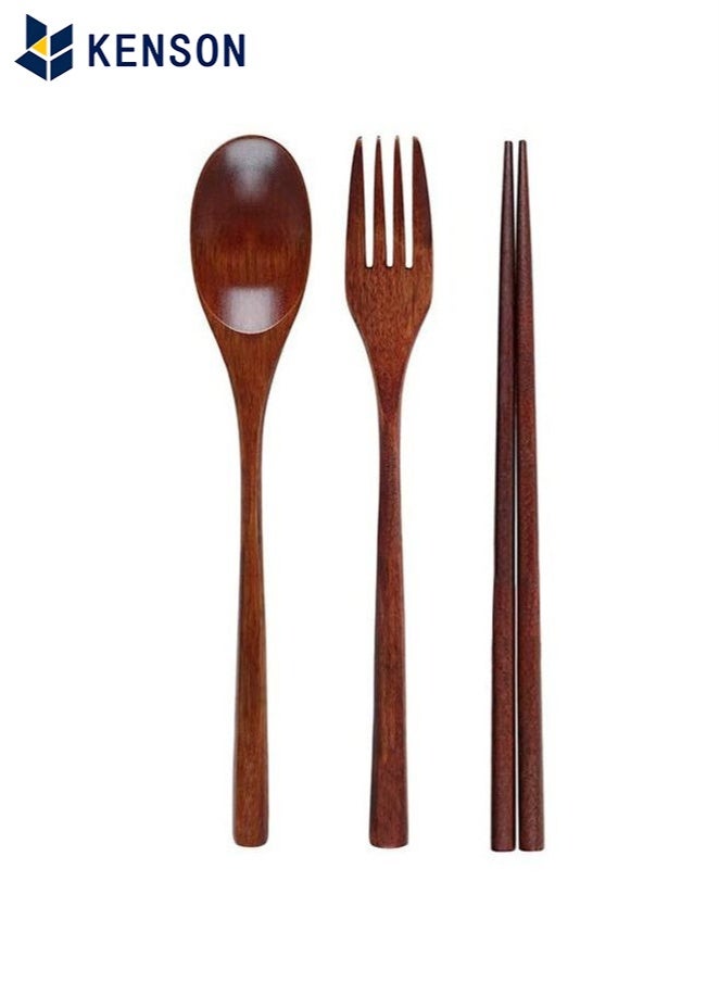 كِينْسُون ملعقة شوكة خشبية من ثلاث قطع، أدوات مائدة محمولة للسفر، أواني طعام لطيفة - Image 3