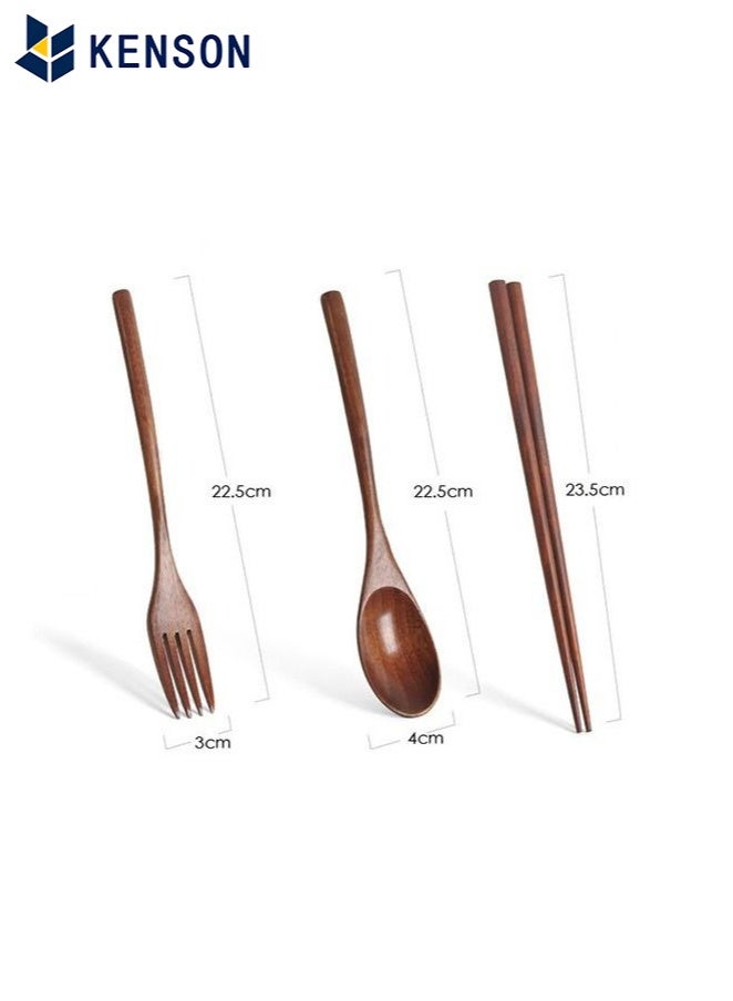 كِينْسُون ملعقة شوكة خشبية من ثلاث قطع، أدوات مائدة محمولة للسفر، أواني طعام لطيفة - Image 5