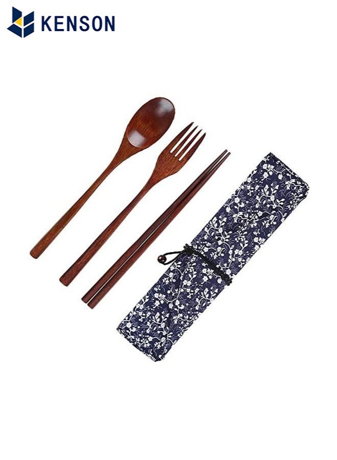 كِينْسُون ملعقة شوكة خشبية من ثلاث قطع، أدوات مائدة محمولة للسفر، أواني طعام لطيفة - Image 2