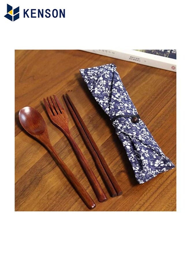 كِينْسُون ملعقة شوكة خشبية من ثلاث قطع، أدوات مائدة محمولة للسفر، أواني طعام لطيفة - Image 4