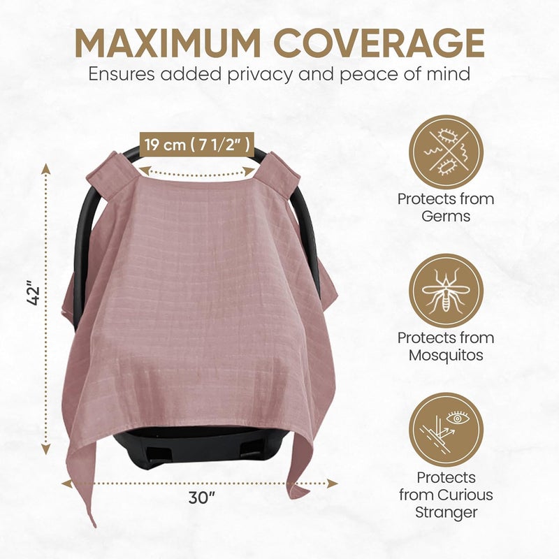 MOZAH 100 Organic Muslin Baby Car Seat Cover Muslin Carseat Canopy Baby Car Seat Covers for Girls Pale Mauve - Image 3
