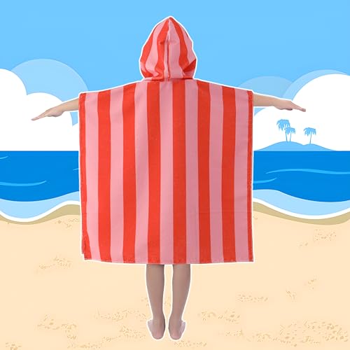MONOBLANKS Striped Hooded Towels for Kids, 30" x 30" Soft Absorbent Beach Poncho Towel for 3-10 Years Boys Girls, Perfect for Pool Swimming, Bath, Beach (Pink-Orange) - Image 5