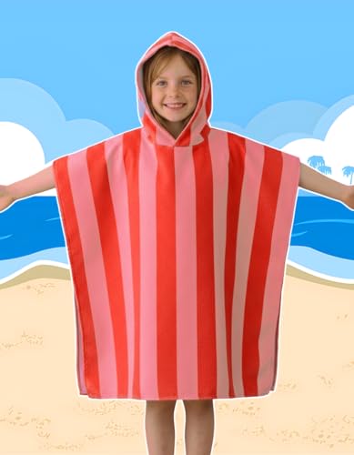 MONOBLANKS Striped Hooded Towels for Kids, 30" x 30" Soft Absorbent Beach Poncho Towel for 3-10 Years Boys Girls, Perfect for Pool Swimming, Bath, Beach (Pink-Orange) - Image 4