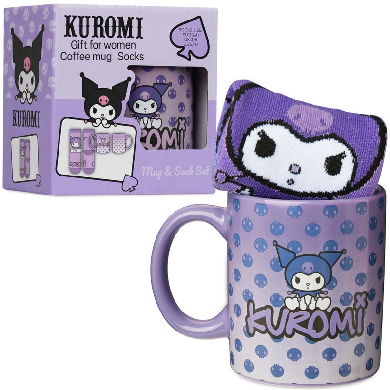 Get Trend Kuromi Sanrio Coffee Mug, Socks Set, 11.5 oz Ceramic Cup with Crew Socks, Kawaii Drinkware Gifts for Women (Purple Kuromi) - Image 1