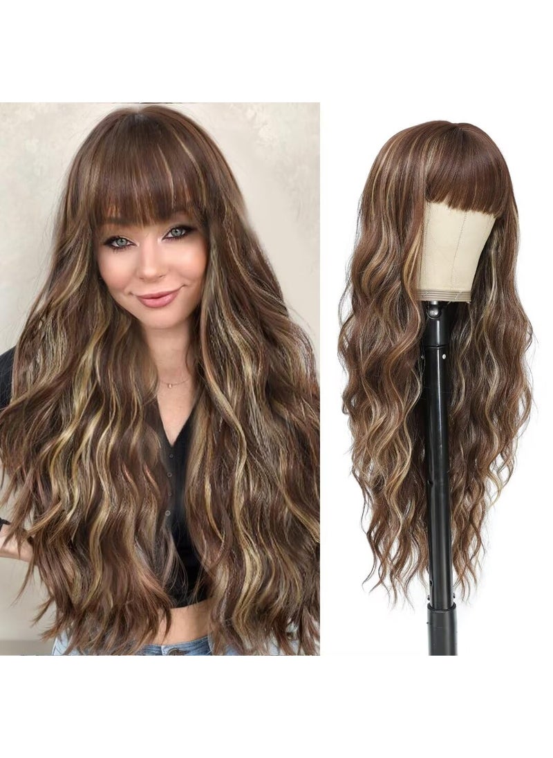 Alimiriam - Highlight Brown Wig With Bangs Long Curly Wavy Brown Mixed Blonde Wig with Dark Roots Natural Synthetic Wavy Wigs for Women Heat Resistant Wigs for Cosplsy Halloween Daily Party Use 26 Inches - Image 1