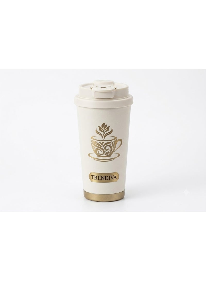 TRENDIVA Insulated Coffee Travel Mug with Leakproof Lid – 500ml Stainless Steel Tumbler for Hot & Cold Drinks, Eco-Friendly Reusable Coffee Cup for Car, Office, and Outdoor Travel (White & Gold) - Image 1
