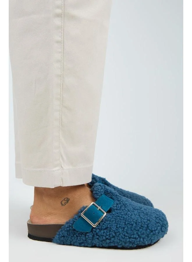 Suzen Teddy Women's Fur-Trimmed Real Leather Belted Buckle Night Blue Slipper.