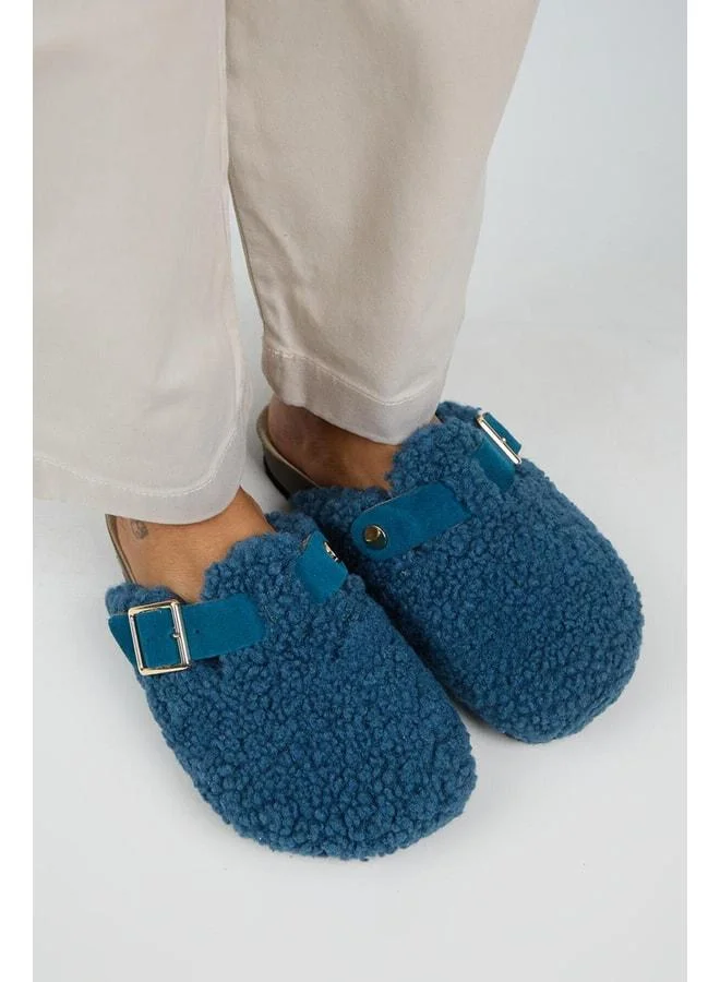 Manijero  Suzen Teddy Women's Fur-Trimmed Real Leather Belted Buckle Night Blue Slipper. for Women | Best Price UAE