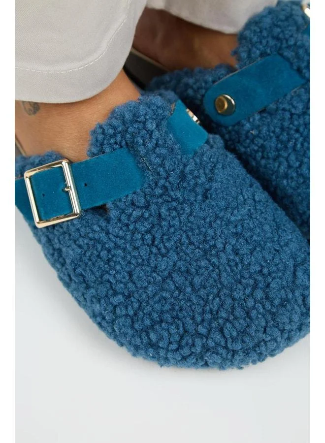 Manijero  Suzen Teddy Women's Fur-Trimmed Real Leather Belted Buckle Night Blue Slipper. for Women | Best Price UAE