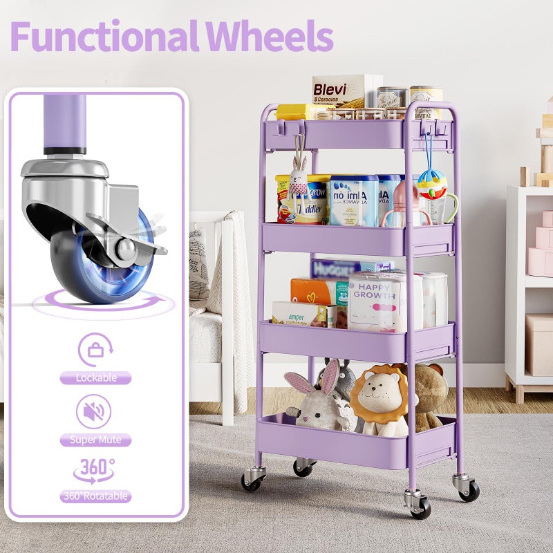 TOOLF 4-Tier Rolling Cart - Metal Storage Organizer with Lockable Wheels, 44 lbs Per Shelf Capacity, Tool-Free Assembly, for Kitchen Bathroom Office Laundry Room Nursery, Purple - Image 5