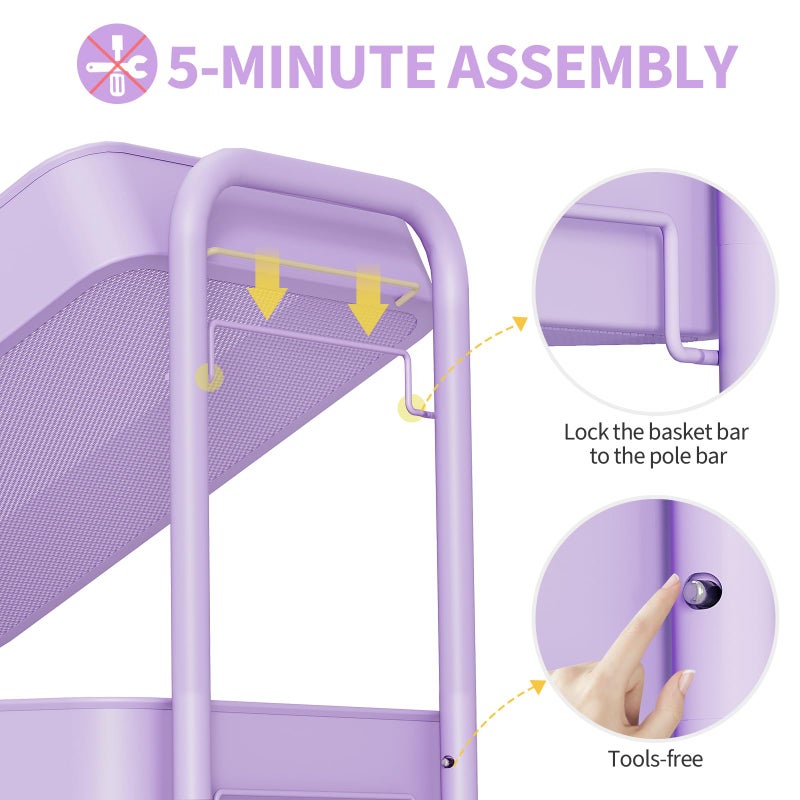 TOOLF 4-Tier Rolling Cart - Metal Storage Organizer with Lockable Wheels, 44 lbs Per Shelf Capacity, Tool-Free Assembly, for Kitchen Bathroom Office Laundry Room Nursery, Purple - Image 4