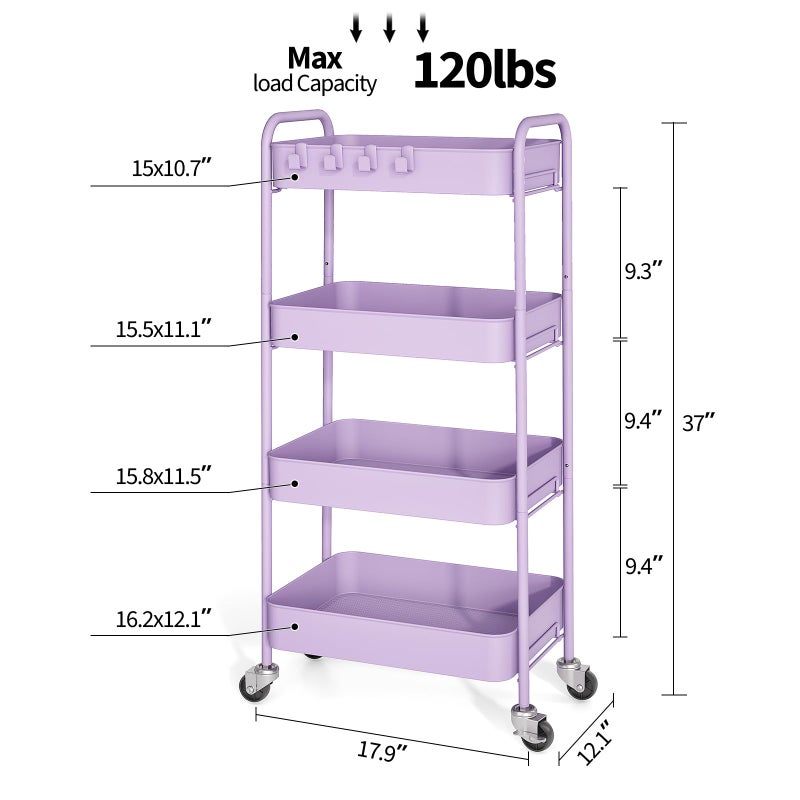 TOOLF 4-Tier Rolling Cart - Metal Storage Organizer with Lockable Wheels, 44 lbs Per Shelf Capacity, Tool-Free Assembly, for Kitchen Bathroom Office Laundry Room Nursery, Purple - Image 2